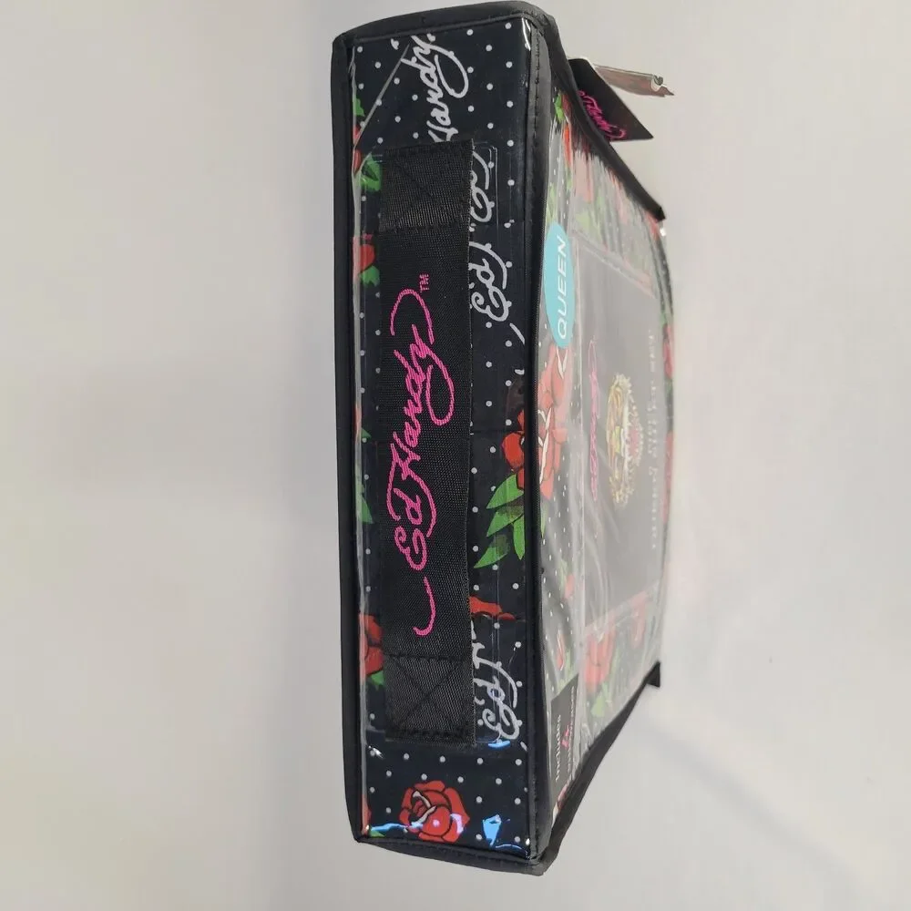 Ed Hardy QUEEN Sheets Set 6pc Black White Polka Dots Red Rose Tattoo Print Signa